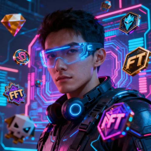 Futuristic gaming scene with digital NFT collectibles floating around a player, blockchain graphics in the background, neon colors, high-tech vibe